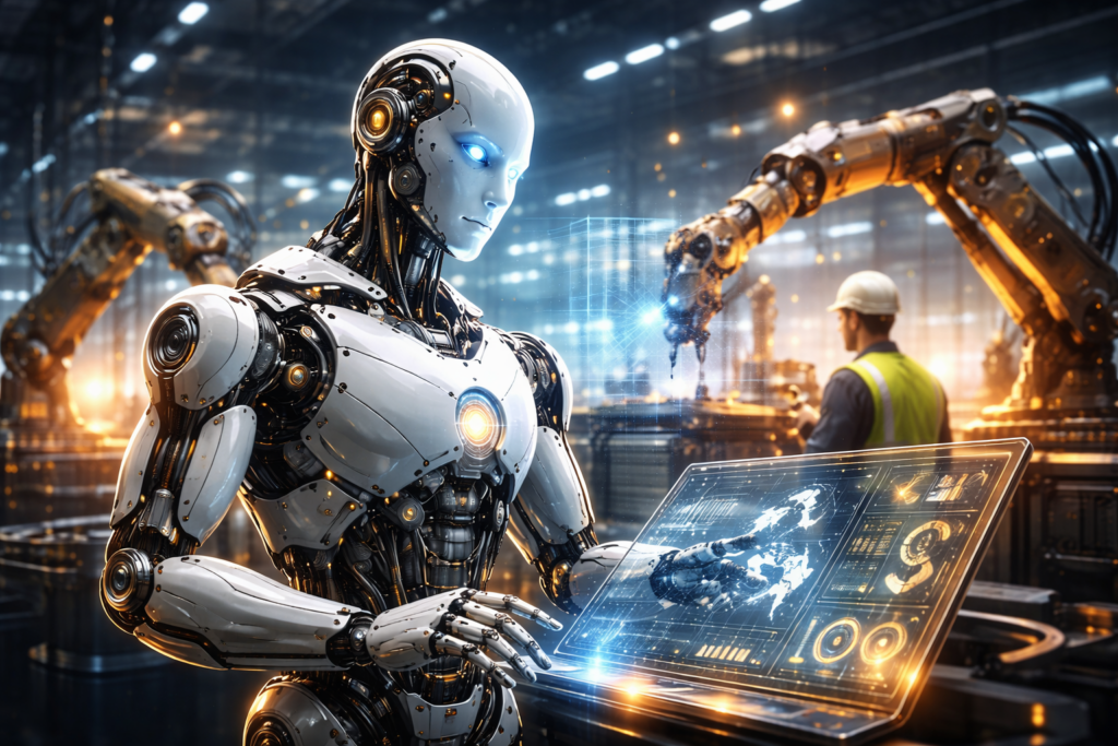 Humanoider Roboter in futuristischer Fabrik